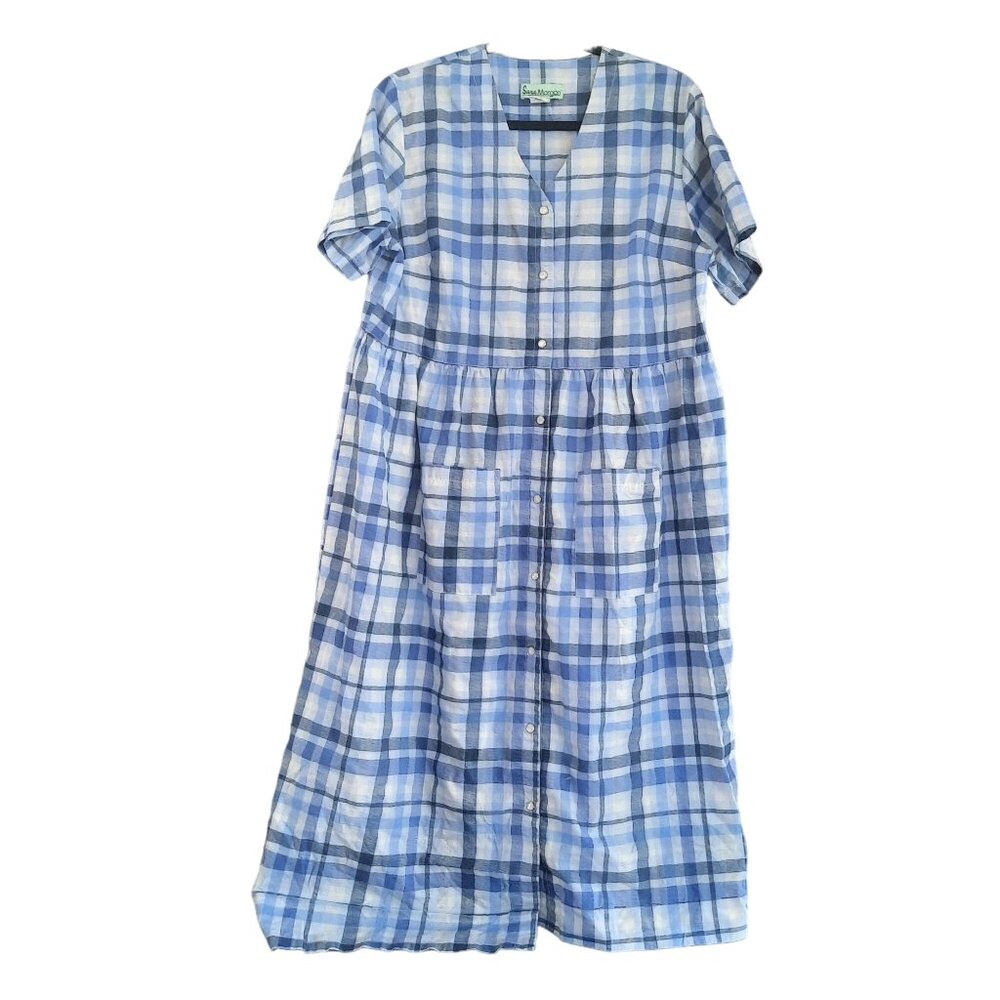 Sara Morgan Boutique Short Sleeve Plaid Babydoll Midi Dress